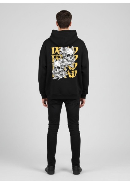 Unisex Siyah Baskılı Oversize Fit Pamuklu Kapüşonlu Sweatshirt