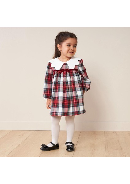 Kız Bebek Pamaklu Yaka Detaylı Ekoseli Elbise 6-9-12-18-24 Ay