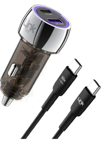 C437 55W Dual PD30W + QC25W Şeffaf Araç Şarj Aleti Type-C To Type-C Kablo Set