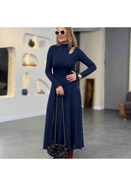 Kadın Balıkçı Yaka Damla Detaylı Yırtmaçlı Uzun Viskon Iki Iplik Maxi Elbise, Kırmızı Gül Figürlü Kolye Hediye