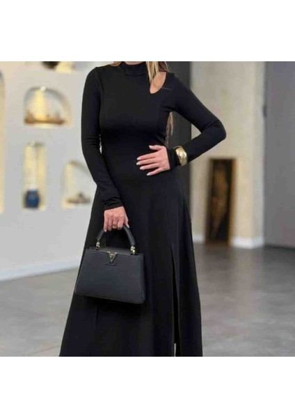 Kadın Balıkçı Yaka Damla Detaylı Yırtmaçlı Uzun Viskon Iki Iplik Maxi Elbise, Kırmızı Gül Figürlü Kolye Hediye