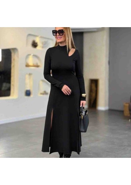 Kadın Balıkçı Yaka Damla Detaylı Yırtmaçlı Uzun Viskon Iki Iplik Maxi Elbise, Kırmızı Gül Figürlü Kolye Hediye modelleri