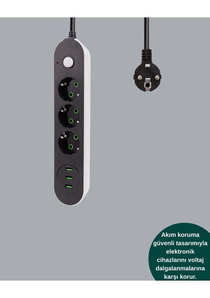 2 Metre Kablolu 3 USB Portlu Anahtarlı Üçlü Priz modelleri