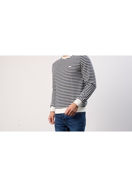 Bisiklet Yaka Çizgili Beyaz Regular Fıt