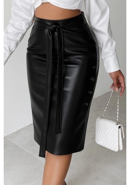 Kadın Yüksek Bel Kuşaklı Yanlardan Düğmeli Mini Deri Etek fırsatları