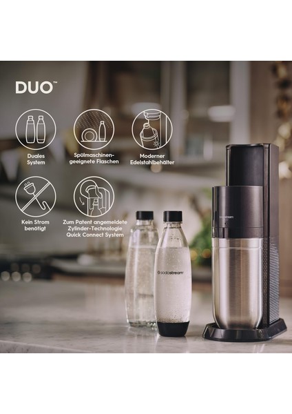 Duo Soda Makinesi | Quick-Connect Co₂ + 2 Cam Şişe + 2 Plastik Şişe + Şişe Standı