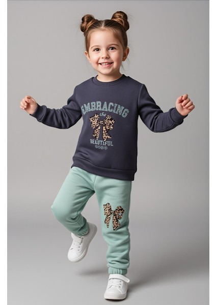 Kız Çocuk Üç Iplik Şardonlu 2’li Takım | Sweatshirt & Eşofman Altı | Fiyonk Baskılı modelleri