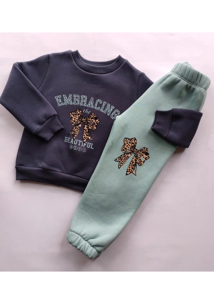 Kız Çocuk Üç Iplik Şardonlu 2’li Takım | Sweatshirt & Eşofman Altı | Fiyonk Baskılı indirimleri
