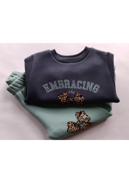 Kız Çocuk Üç Iplik Şardonlu 2’li Takım | Sweatshirt & Eşofman Altı | Fiyonk Baskılı
