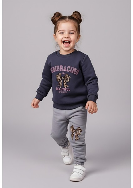 Kız Çocuk Üç Iplik Şardonlu 2’li Takım | Sweatshirt & Eşofman Altı | Fiyonk Baskılı