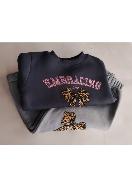 Kız Çocuk Üç Iplik Şardonlu 2’li Takım | Sweatshirt & Eşofman Altı | Fiyonk Baskılı