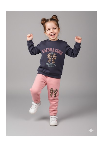 Kız Çocuk Üç Iplik Şardonlu 2’li Takım | Sweatshirt & Eşofman Altı | Fiyonk Baskılı