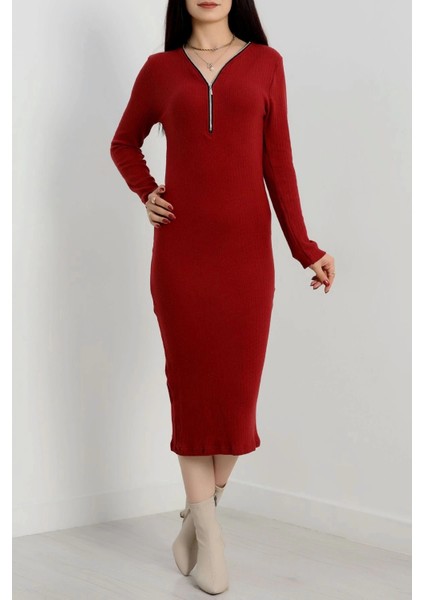 Fermuar Detaylı Fitilli Şardonlu Elbise Bordo A3178