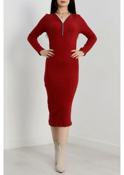 Fermuar Detaylı Fitilli Şardonlu Elbise Bordo A3178