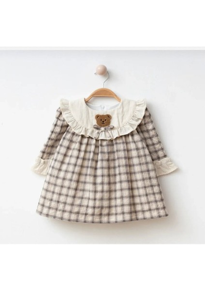 Kız Bebek Ekose Desenli Ayıcıklı Pamuklu Elbise 9-12-18-24 Ay