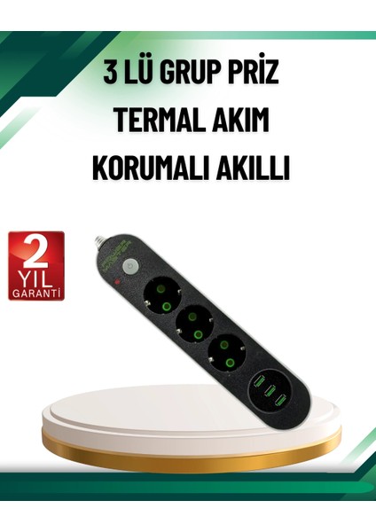Akım Korumalı Anahtarlı USB Girişli Üçlü Priz