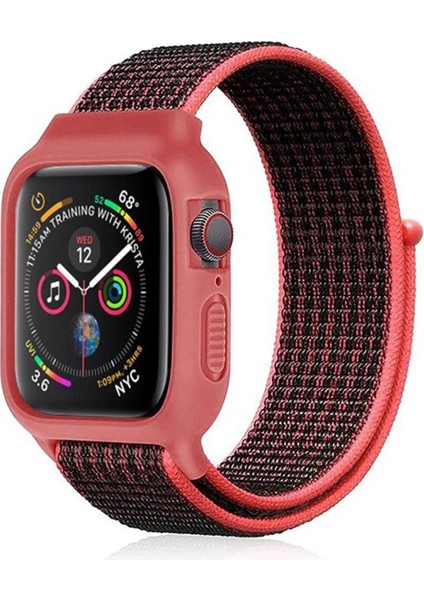 Apple Watch 38MM Hasırlı Cırtcırtlı Kasalı Kordon - SIYAH-PEMBE-(5796)