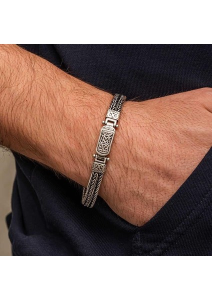 Gümüş Oksitli Desenli Erkek Bileklik