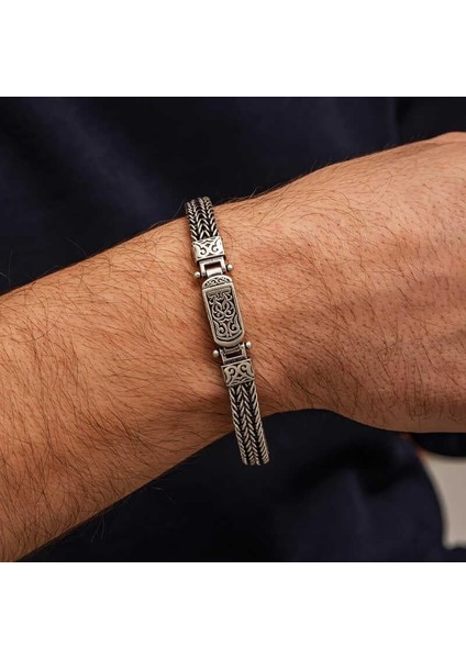 Gümüş Oksitli Desenli Erkek Bileklik