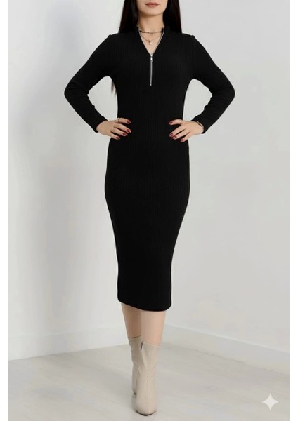 Fermuar Detaylı Fitilli Şardonlu Elbise Siyah A3178 fiyatları