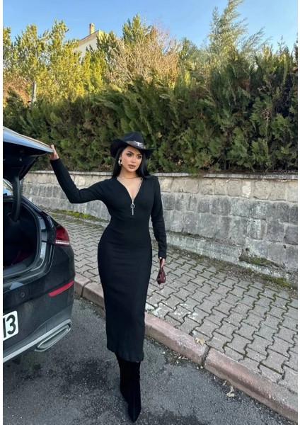 Fermuar Detaylı Fitilli Şardonlu Elbise Siyah A3178