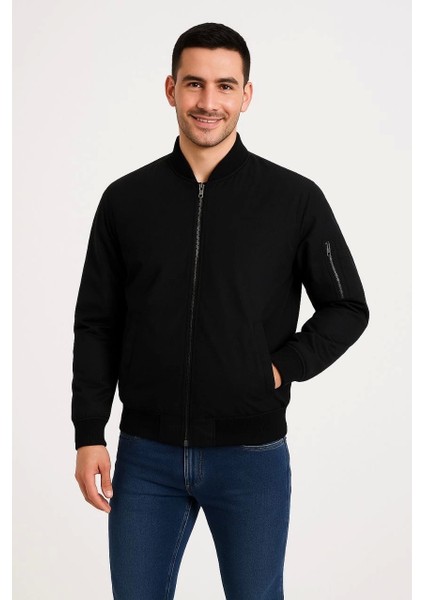 Erkek Içi Astarlı Fermuarlı Bomber Mont Ceket - Siyah