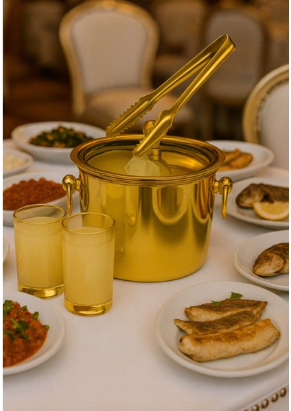 Gold Termoslu Paslanmaz Çelik Buz Kovası ve Buz Maşası Set 18/10 - 304 Paslanmaz Çelik