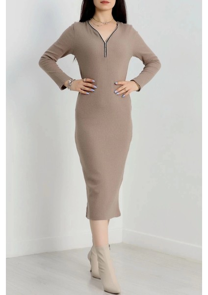 Fermuar Detaylı Fitilli Şardonlu Elbise Bej A3178