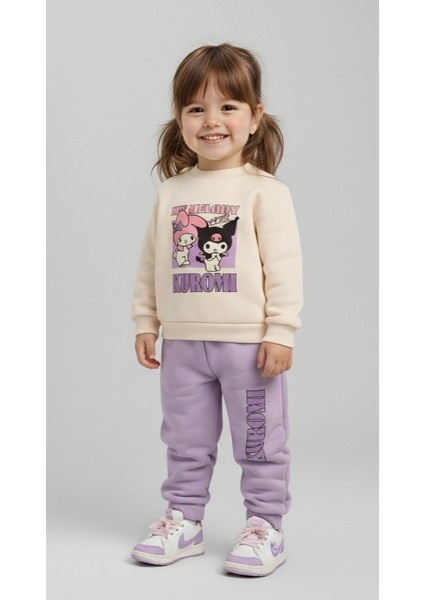 Kuromi Baskılı Kız Çocuk Eşofman Takımı – Üçiplik Şardonlu, 2li Takım, Sweatshirt+ Alt Eşofman