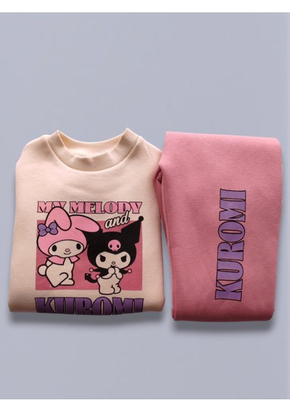 Kuromi Baskılı Kız Çocuk Eşofman Takımı – Üçiplik Şardonlu, 2li Takım, Sweatshirt+ Alt Eşofman
