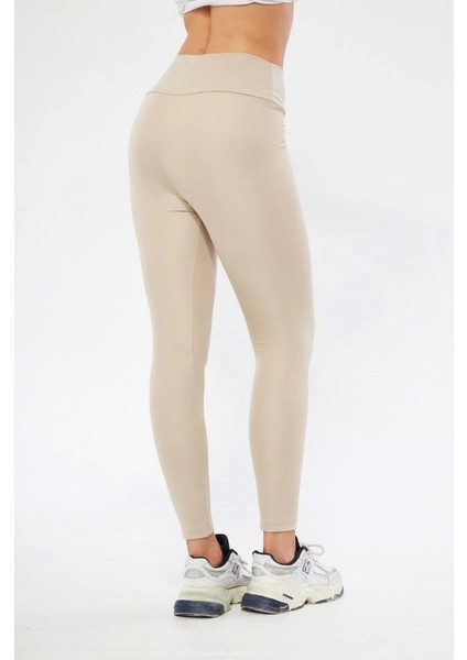 Kışlık Yüksek Bel Toparlayicı ve Sıkılaştırıcı Likralı Şardonlu Tayt - Bej modelleri