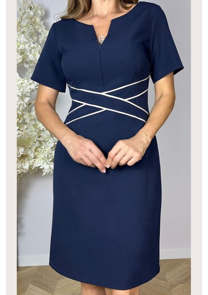 G1554 Yaka ve Bel Detaylı Elbise Lacivert modelleri