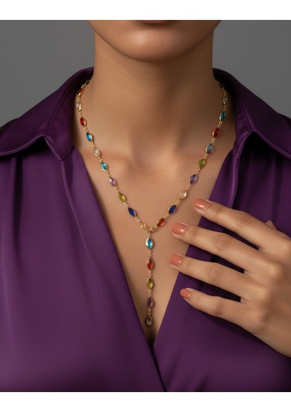 Oval Renkli Taşlı Y Model Kadın Kolye/ Bileklik, Uzunluğu 49 Cm