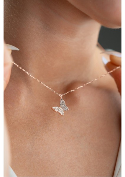 925 Ayar Işıklı Kutuda Gümüş Rose Kaplama Minik Beyaz Kelebek Kolye fiyatları