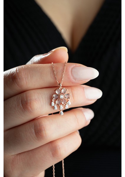 925 Ayar Gümüş Rose Kaplama Zultanite Taşlı Sallantılı Lotus Çiçeği