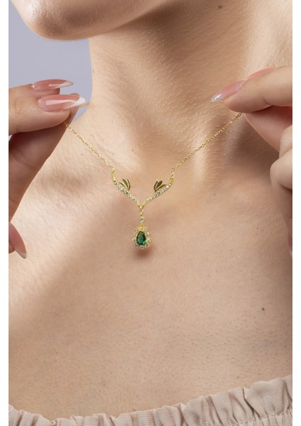 925 Ayar Gümüş Zümrüt Taşlı Gold Damla Model Kadın Kolye