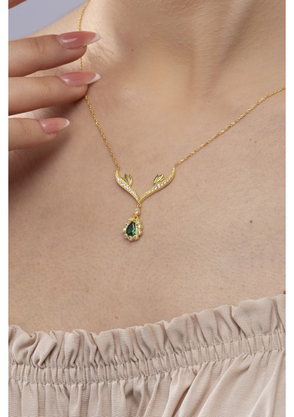 925 Ayar Gümüş Zümrüt Taşlı Gold Damla Model Kadın Kolye fiyatları