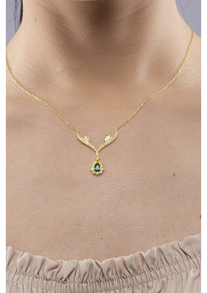 925 Ayar Gümüş Zümrüt Taşlı Gold Damla Model Kadın Kolye modelleri