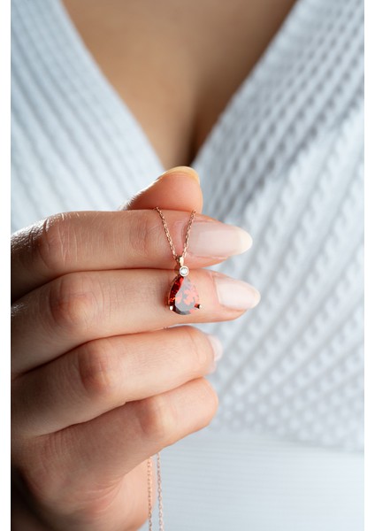 925 Ayar Gümüş Rose Kaplama Kırmızı Kalp Model Kolye