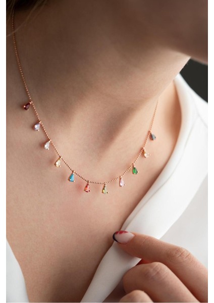 925 Ayar Gümüş Sıralı Damla Mix Taşlı Kadın Gümüş Kolye