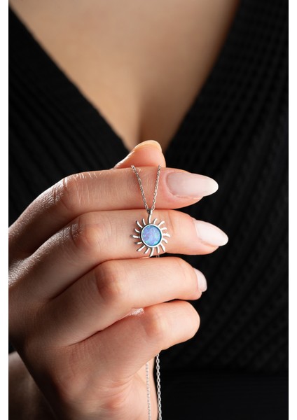 925 Ayar Gümüş Rodyum Kaplama Opel Taşlı Güneş Kolye