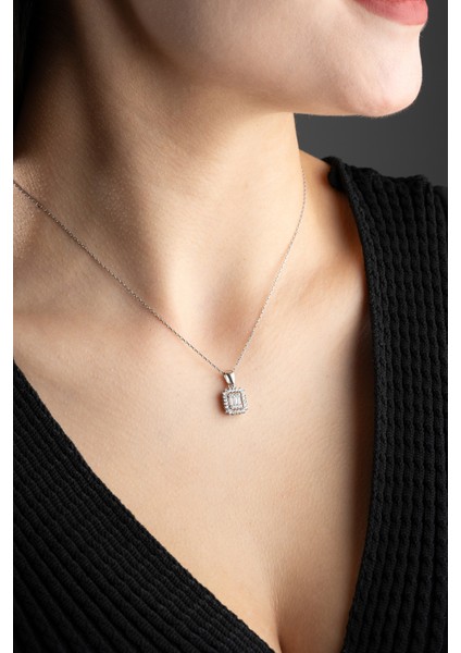 925 Ayar Gümüş Rodyumlu Baget Taşlı Beyaz Zikron Taş Döşemeli Kolye modelleri