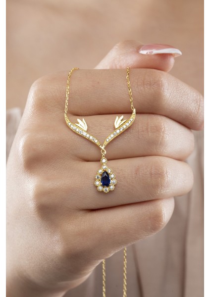 925 Ayar Gümüş Zümrüt Taşlı Gold Damla Model Kadın Kolye
