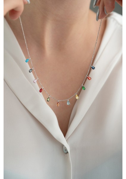 925 Ayar Gümüş Rodyum Kaplama Sıralı Damla Mix Taşlı Kadın Kolye