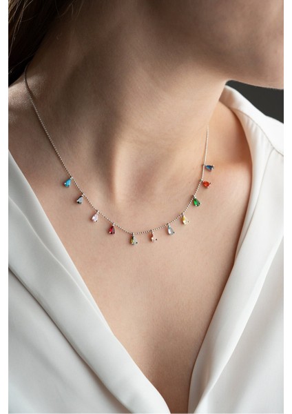 925 Ayar Gümüş Rodyum Kaplama Sıralı Damla Mix Taşlı Kadın Kolye modelleri