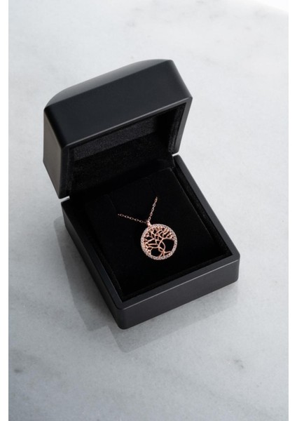925 Ayar Gümüş Işıklı Kutuda Rose Kaplama Hayat Ağacı Model Kolye