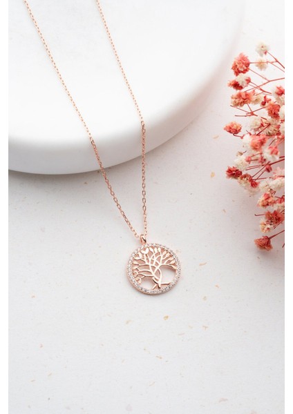 925 Ayar Gümüş Işıklı Kutuda Rose Kaplama Hayat Ağacı Model Kolye fiyatları