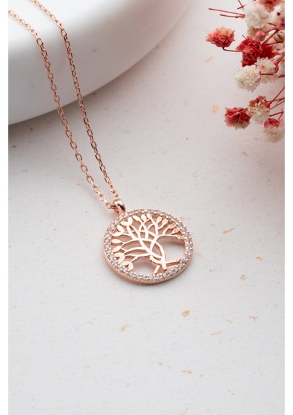 925 Ayar Gümüş Işıklı Kutuda Rose Kaplama Hayat Ağacı Model Kolye modelleri