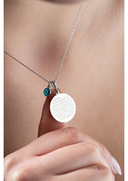 925 Ayar Gümüş Rodyum Kaplama Ayetel Kürsi Nazar Plaka Kolye