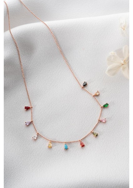 925 Ayar Gümüş Sıralı Damla Mix Taşlı Kadın Gümüş Kolye fiyatları